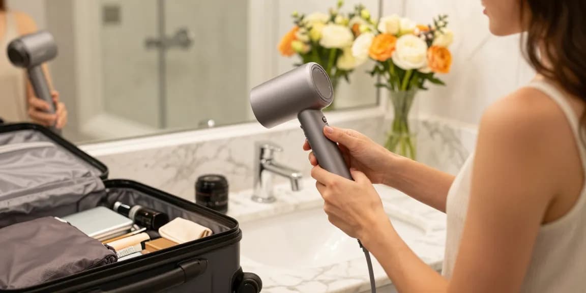 Sèche-cheveux de voyage compact sur un comptoir moderne avec accessoires dans une salle de bain d'hôtel élégante.