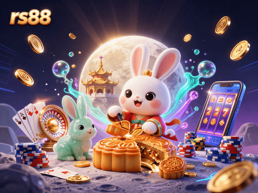 Experience winning at rs88 with a vibrant 3D digital illustration of a moon rabbit and casino elements.