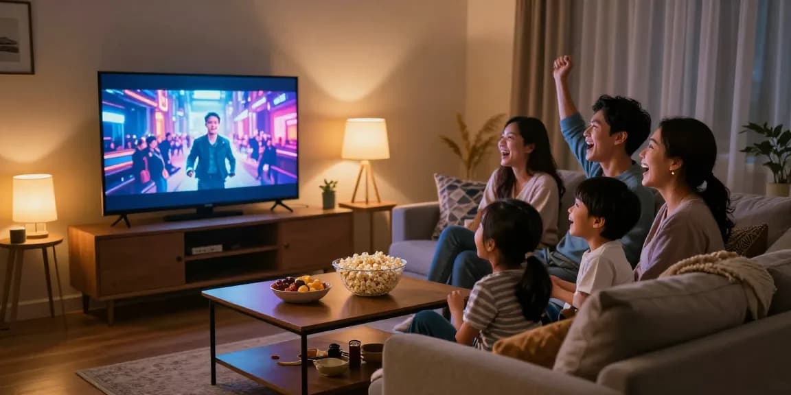 Une famille profitant d'Atlas pro ontv lors d'une soirée cinéma dans un salon confortable.