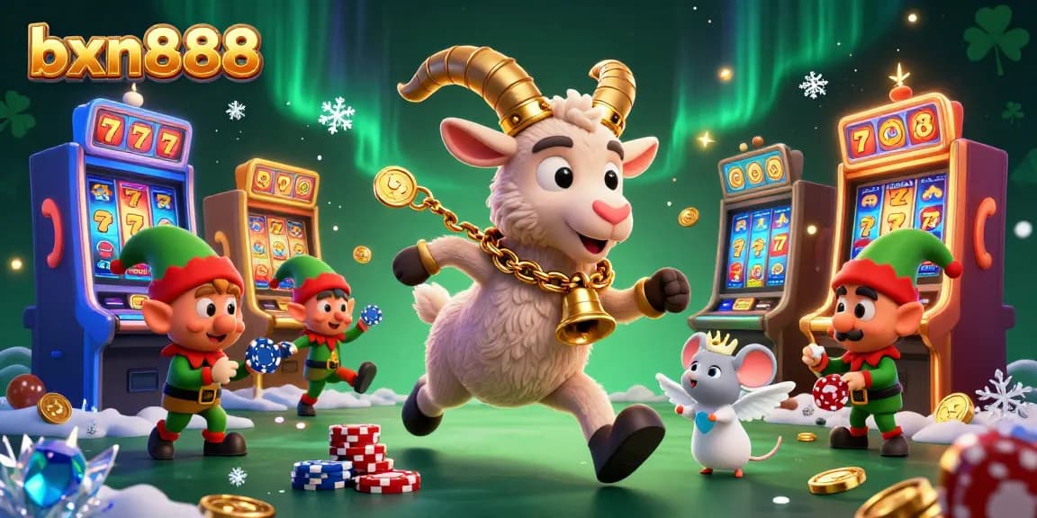Experience the excitement of bxn888 with a Krampus goat in a vibrant casino scene filled with slot machines and festive characters.