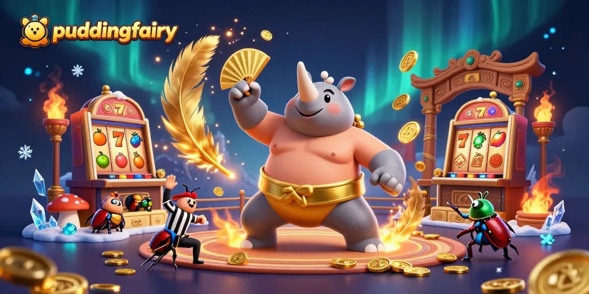 Puddingfairy showcases a 3D cartoon scene of a rhinoceros beetle sumo champion defeating opponents, celebrating among slot machine riches.