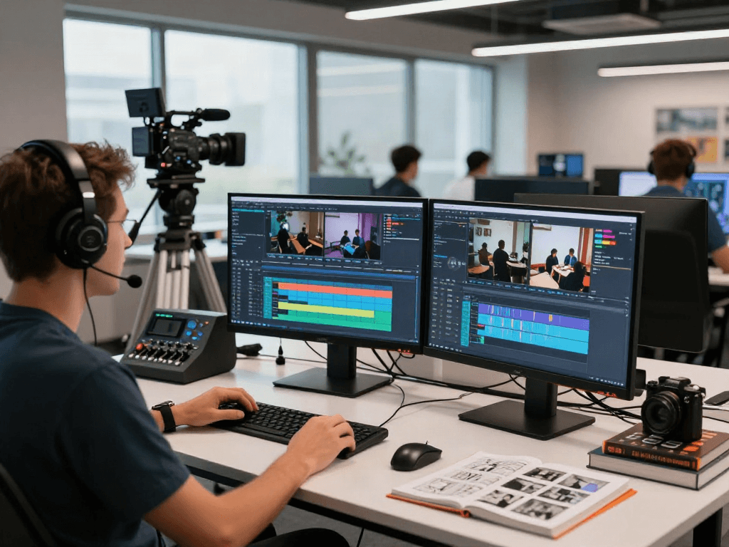 Scène d'un espace de travail dédié à la production télévisuelle avec l'équipement Atlas pro ontv, moniteurs de montage vidéo et ambiance créative.