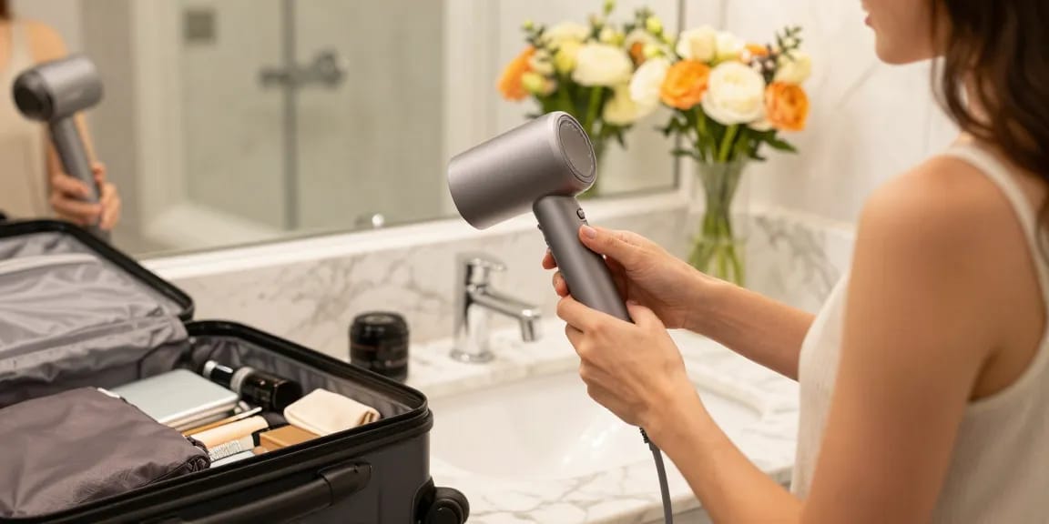 Sèche-cheveux de voyage compact sur un comptoir moderne avec accessoires dans une salle de bain d'hôtel élégante.