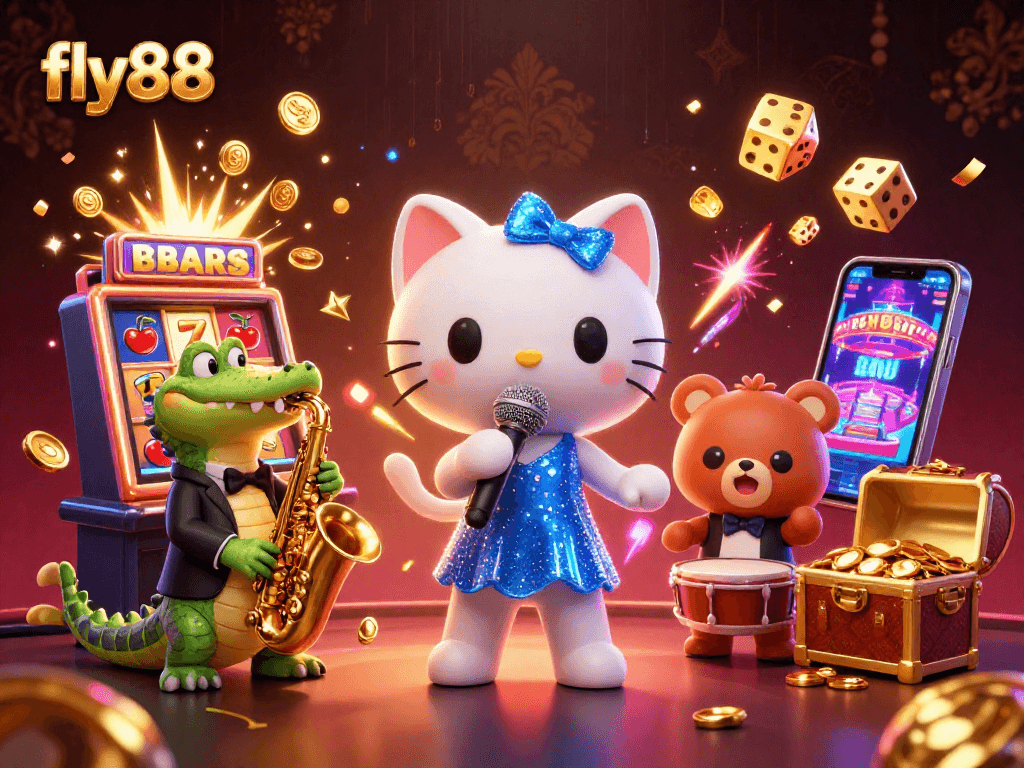 Experience thrilling gaming at fly88 with a vibrant cartoon casino scene featuring a jazz-singer cat and friends.