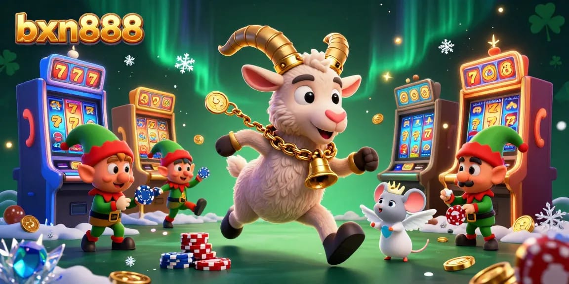 Experience the excitement of bxn888 with a Krampus goat in a vibrant casino scene filled with slot machines and festive characters.