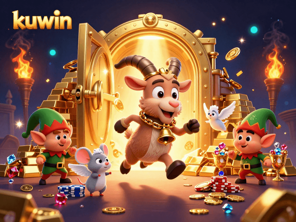 Kuwin offers exciting gameplay in a vibrant 3D casino scene filled with festive elements and characters stealing poker chips.