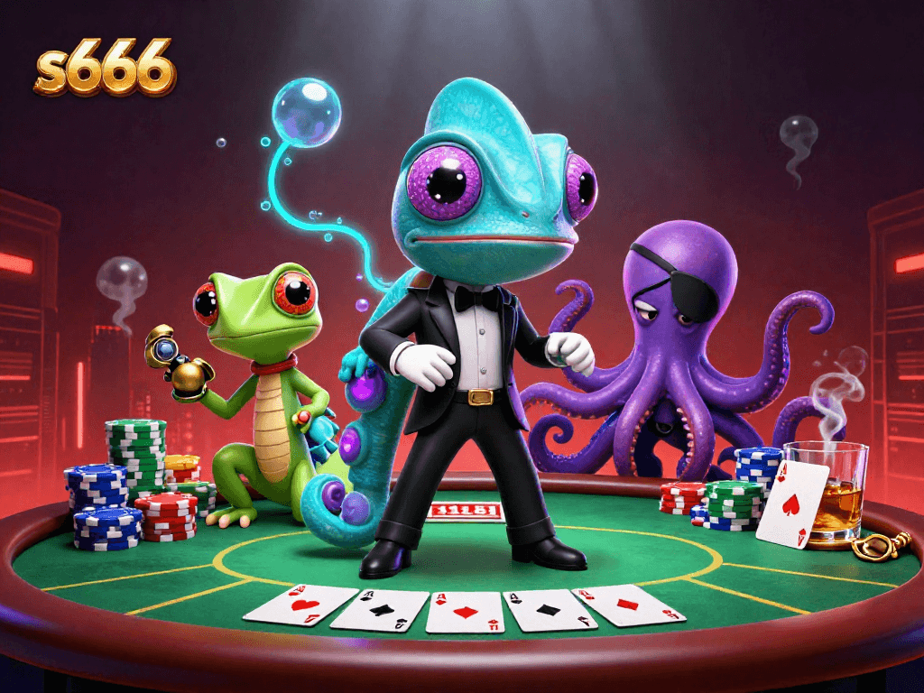 S666 casino scene with a charming chameleon, tech-savvy gecko, and an octopus surrounded by poker and gaming elements.