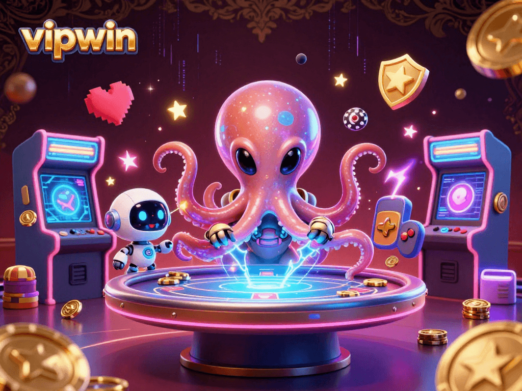 Engage with vipwin in a dynamic 3D scene featuring an alien octopus at a poker table.