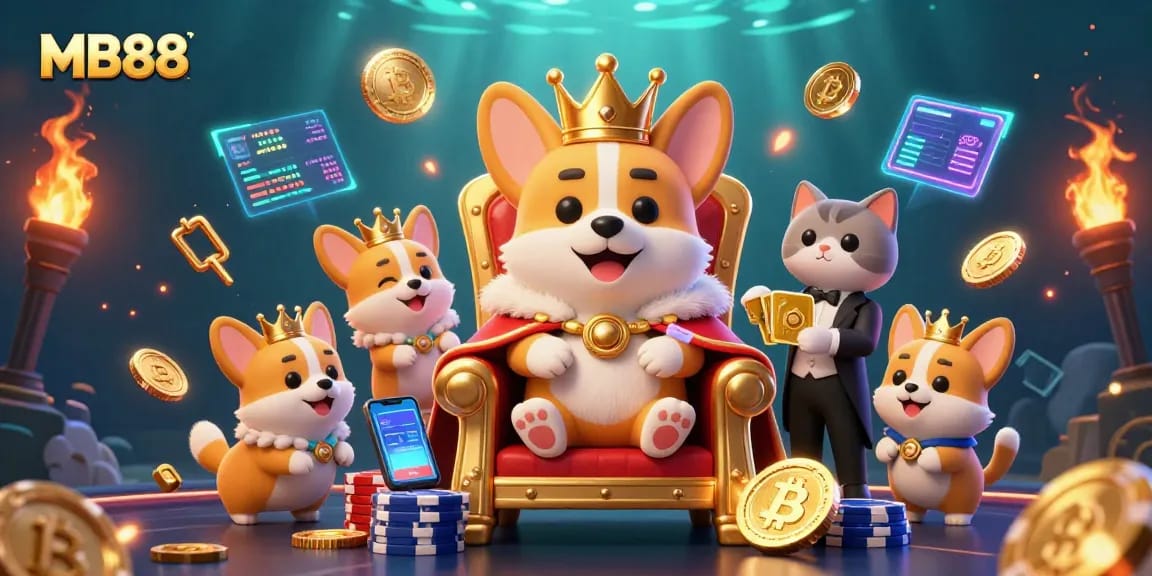 Experience the excitement of MB88 with a playful crown-wearing corgi amidst vibrant casino illustrations.