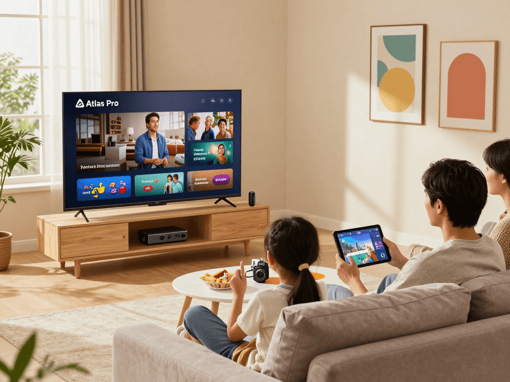 Expérience familiale de streaming avec Atlas Pro 2026 dans un salon moderne.