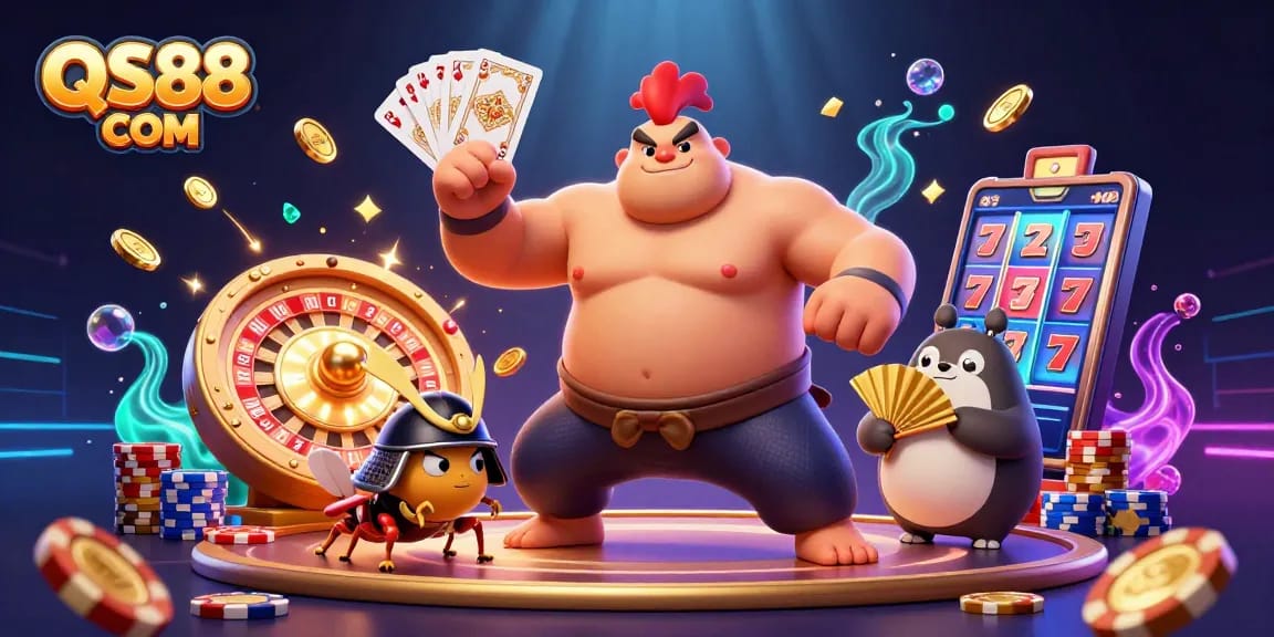 Experience thrilling gameplay at QS88 COM with a powerful rooster, dynamic coins, and energetic casino elements.