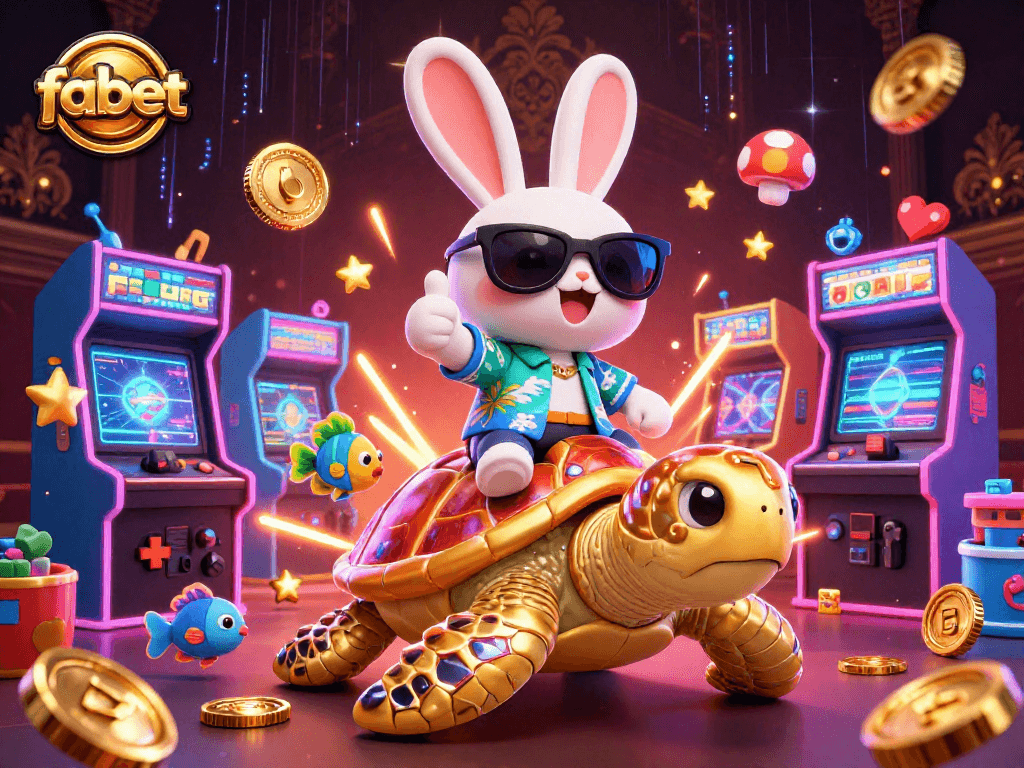 Play at fabet with the lucky rabbit as it rides a golden turtle surrounded by colorful gaming elements.