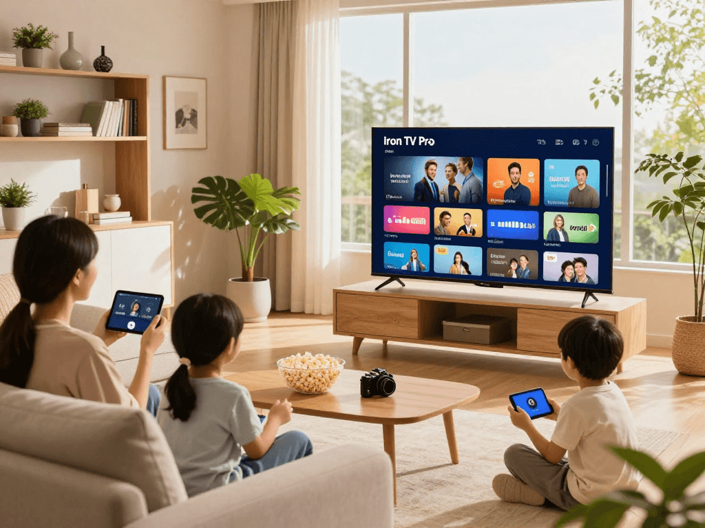 Famille profitant d'Iron tv pro sur Smart TV dans un salon moderne.