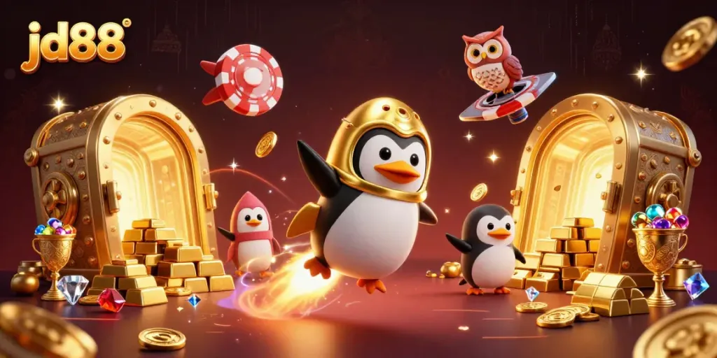 Experience the thrill of jd88 with a golden penguin soaring through a vibrant casino universe.