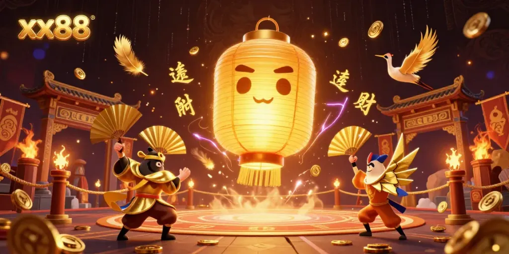 Experience the thrill of xx88 online gaming with a vibrant 3D scene of golden lantern spirits and warriors