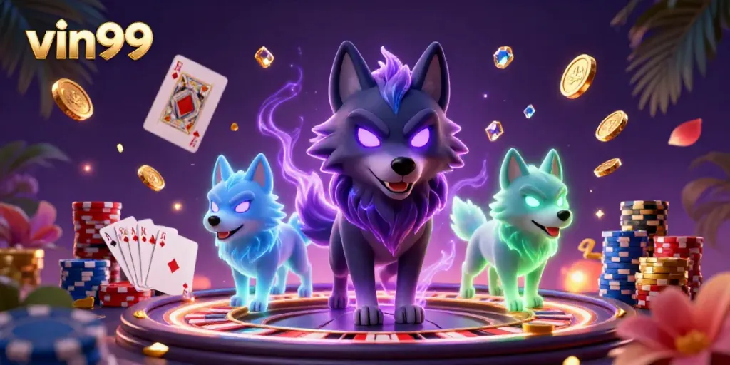 Experience exciting wins at vin99 with glowing wolf pack leaders, coins, and stunning casino game elements.