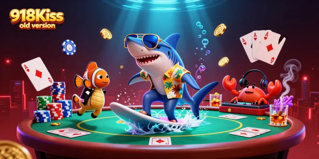 Experience the thrill of the 918Kiss old version with animated characters and casino-themed elements.