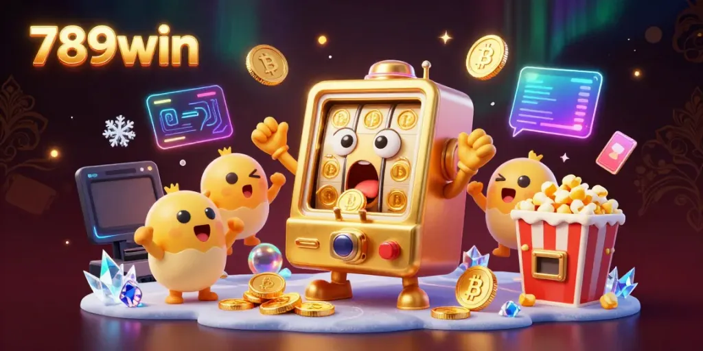 Experience thrilling wins at 789win with a lively 3D slot machine celebrating a jackpot, surrounded by vibrant gaming elements.