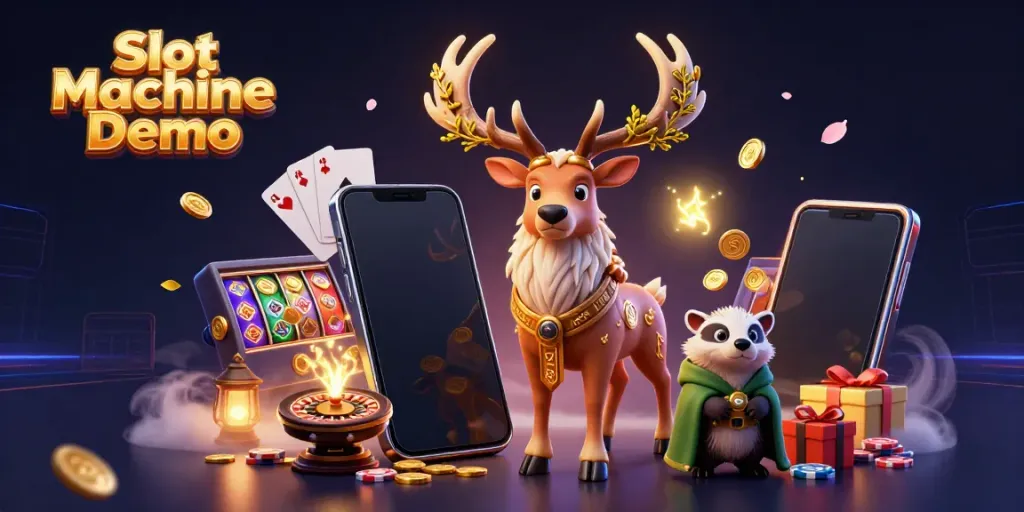 Engage with a vibrant Slot Machine Demo scene showcasing a druid stag and badger amidst dynamic gaming elements.