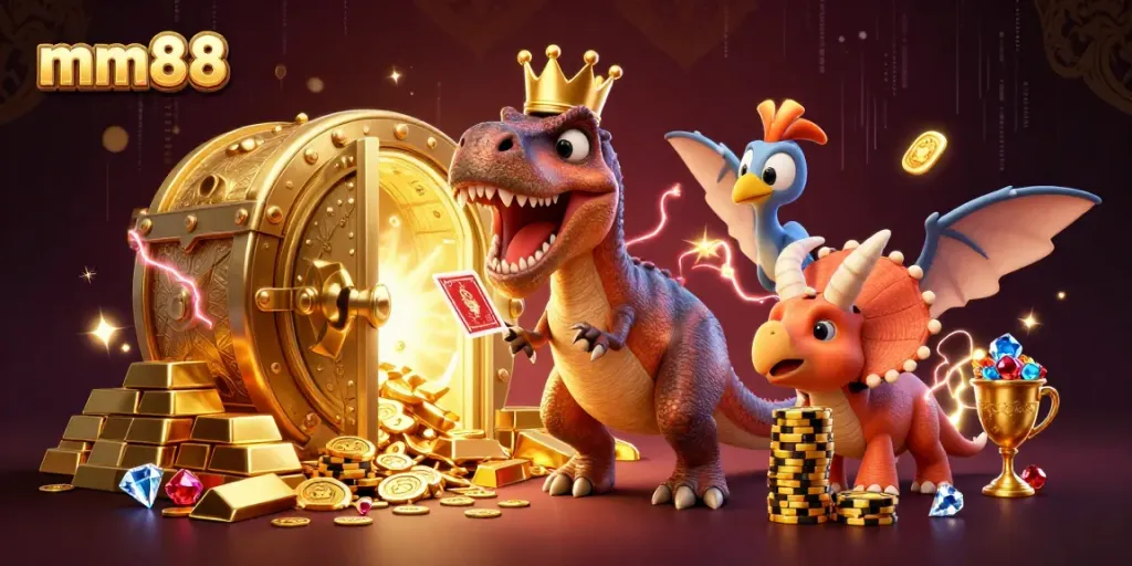 Experience exciting card games at mm88 with a T-Rex shuffling cards as friends stack gold chips.