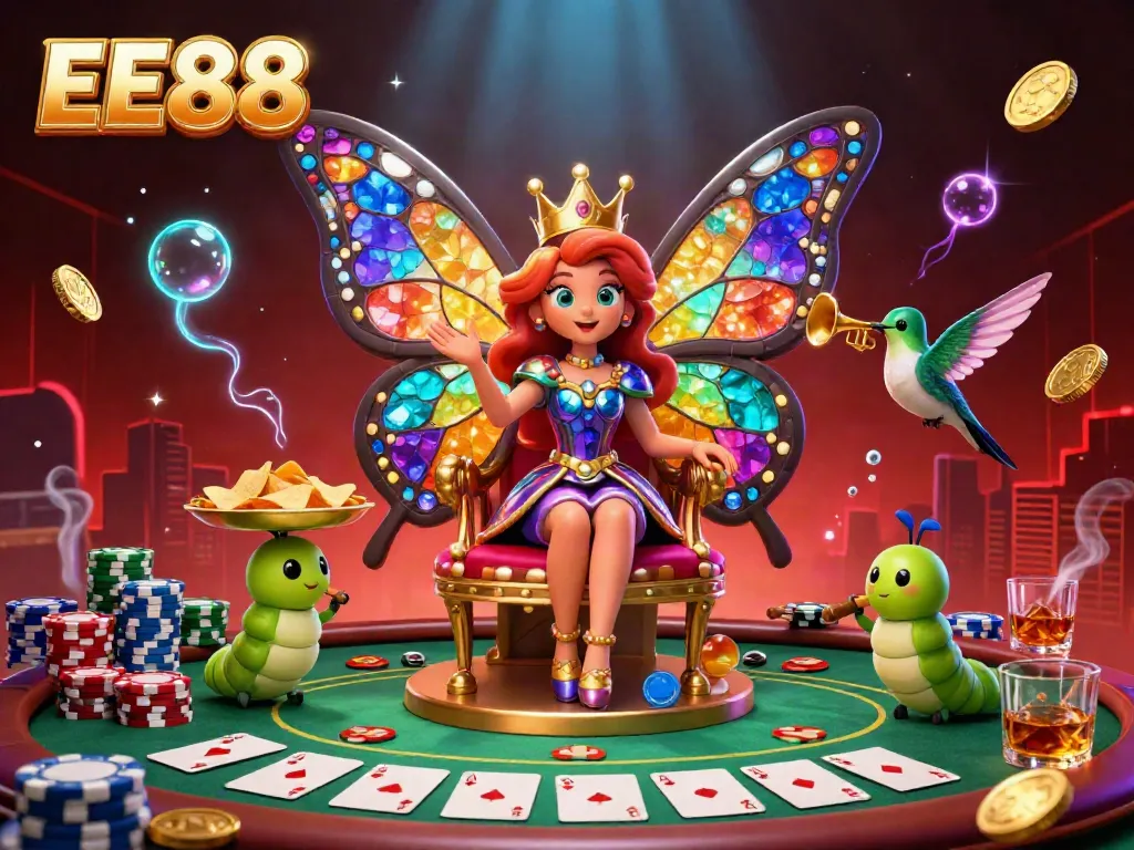 Experience the vibrant casino magic of EE88 with a 3D butterfly queen amidst colorful poker elements.
