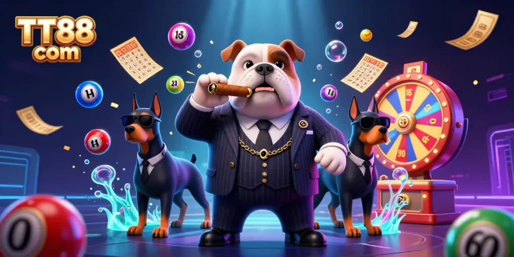 Experience the thrill of TT88 com with vibrant lottery elements and dynamic 3D characters in an engaging casino scene.