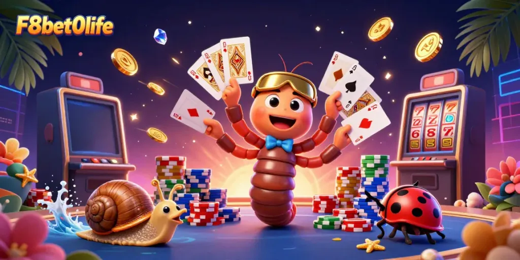Engage in thrilling casino action with F8bet0life as vibrant characters showcase cards and chips amidst gold coins and stunning visuals.