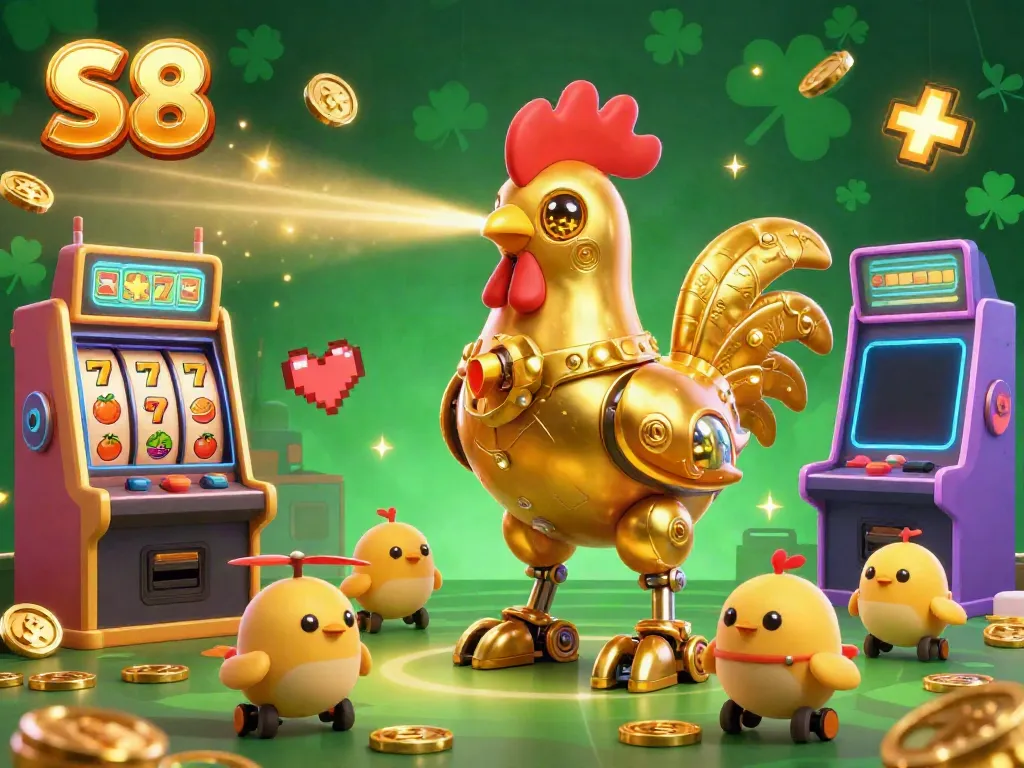 Experience S8's thrilling casino atmosphere featuring a golden rooster robot surrounded by arcade elements.