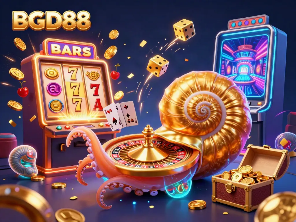 Experience BGD88 with a vibrant 3D casino scene featuring a nautilus roulette and exploding slot machine.