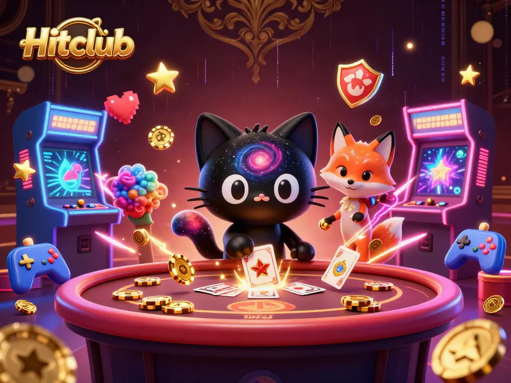 Hitclub cosmic casino illustration with a black hole cat and nebula fox surrounded by colorful gaming elements.