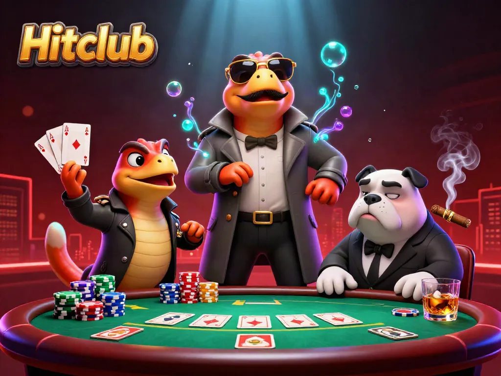 Experience the excitement at Hitclub with raptors in disguise entering a vibrant casino scene, poker action all around.