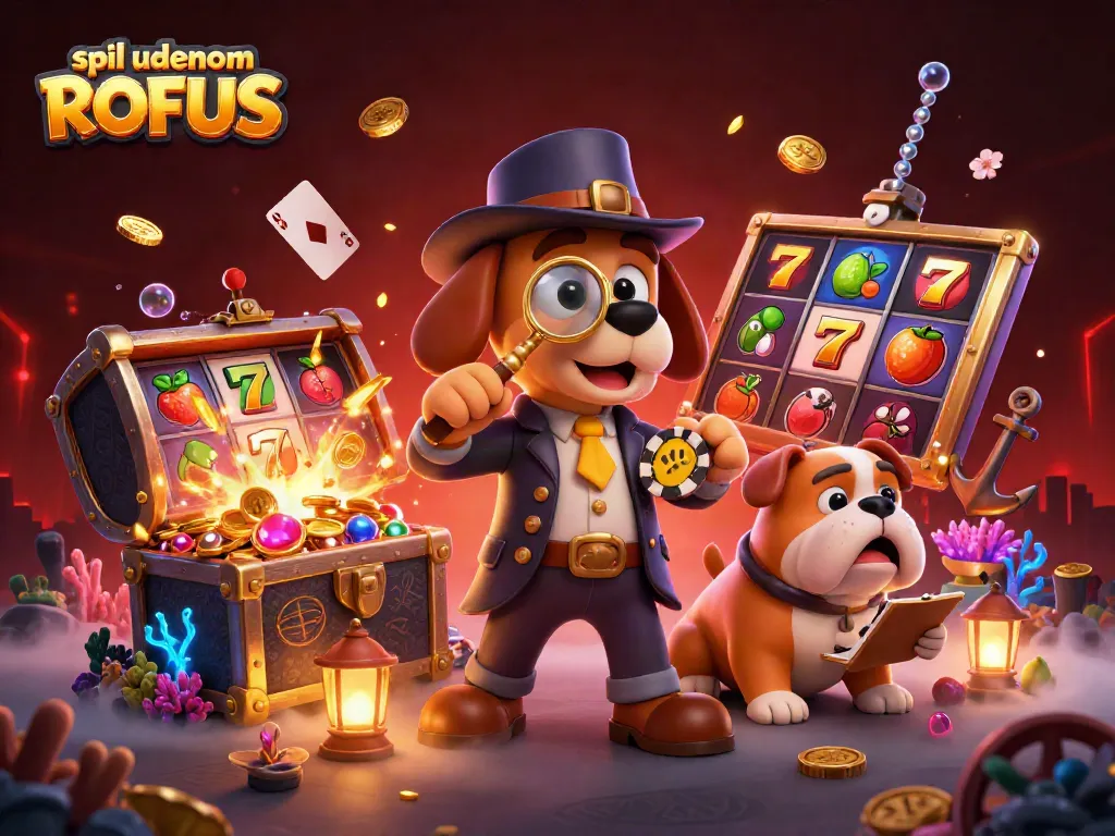 Play slots and win with a vibrant scene of spil uden om ROFUS featuring a detective and treasure.