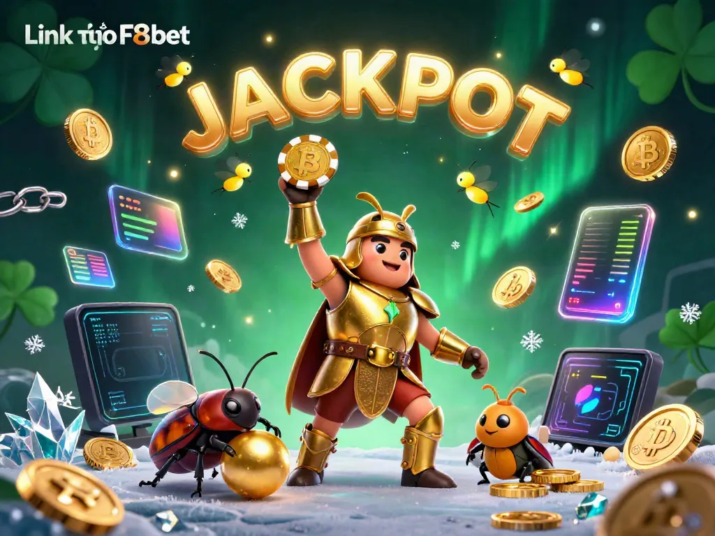 Experience the thrill with Link vào F8bet as a cartoon hercules beetle celebrates a casino jackpot.