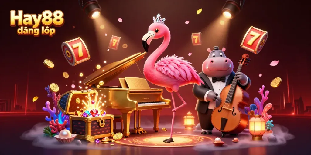 Engage with Hay88 đăng nhập featuring a flamingo singer and hippo bassist in a vibrant casino scene.