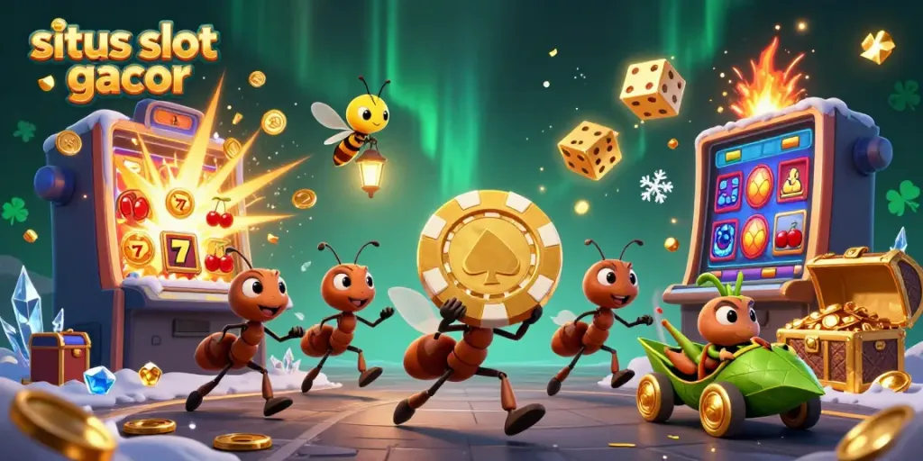 Experience the thrill of situs slot gacor with cartoon ants heisting a giant poker chip