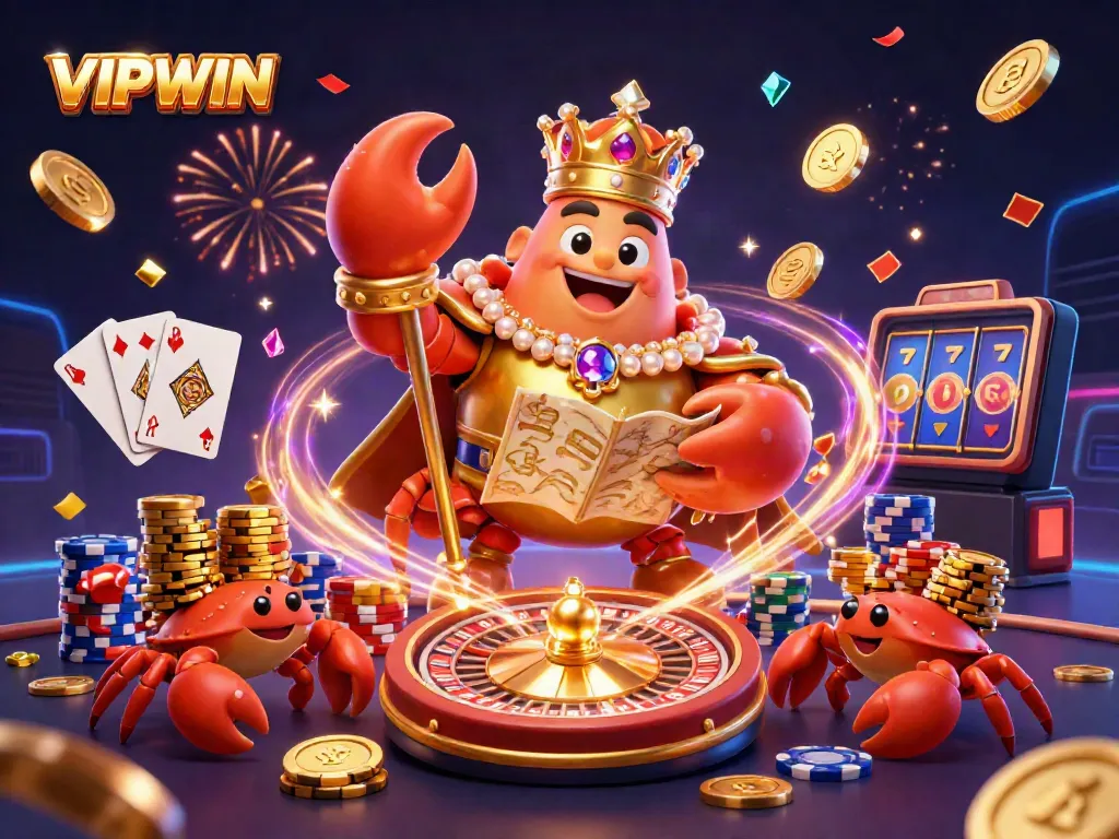 Experience big winnings at VIPWIN with the majestic golden crab emperor surrounded by rich casino elements.