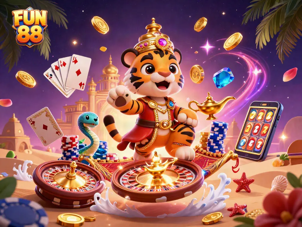 Engage with FUN 88's vibrant world of slots, roulette, and poker in a dynamic casino scene.