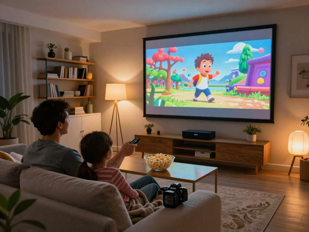 Une soirée cinéma en famille avec un écran projetant Iron tv, ambiance chaleureuse et confortable.