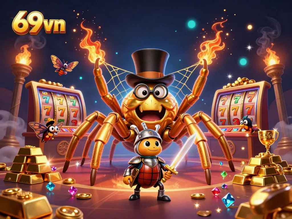 Experience thrilling casino action with 69vn featuring dynamic scenes and vibrant golden elements.