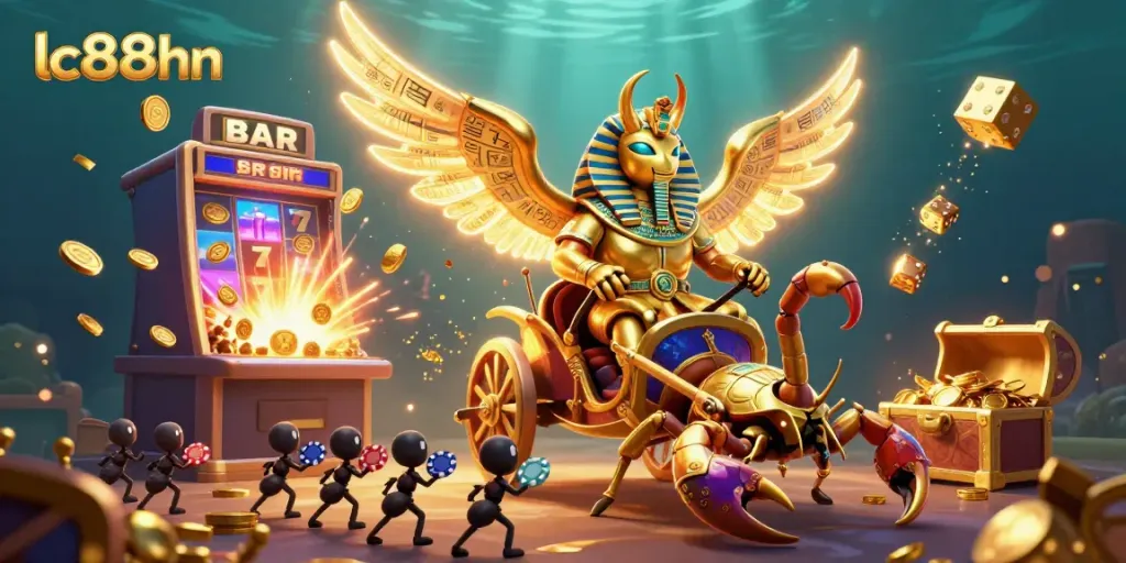 Experience the excitement at lc88hn with a dynamic casino illustration featuring a golden scarab beetle and jackpot explosions.