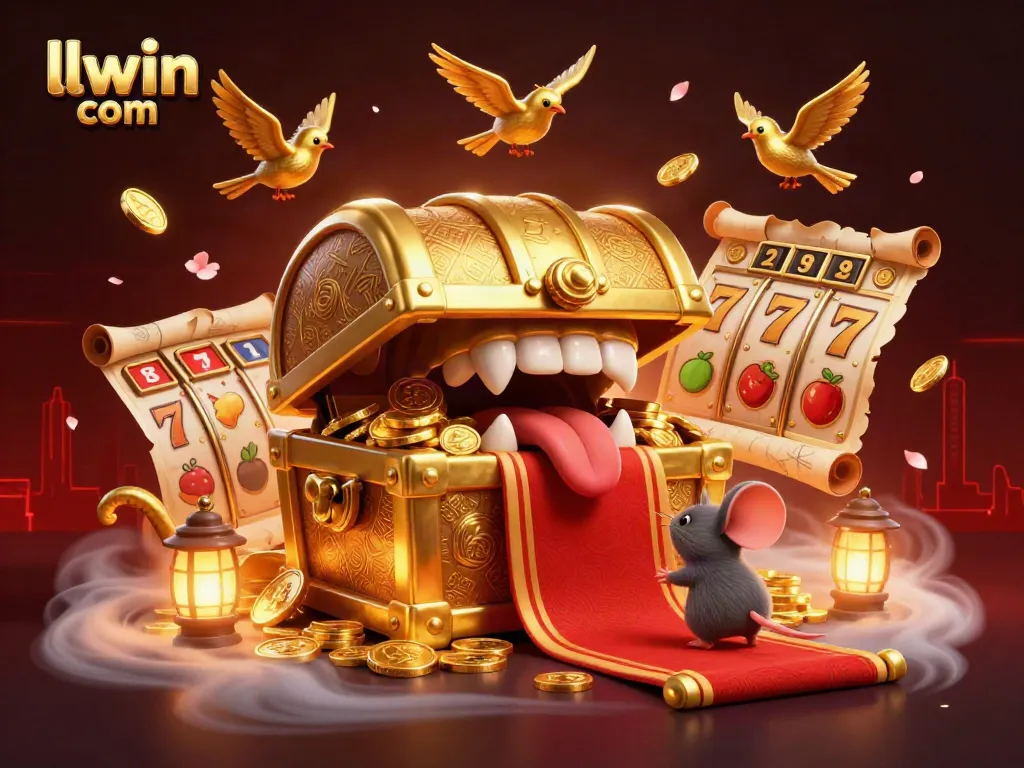 Engage with llwin com's thrilling slot game world featuring a golden treasure chest and lively game elements.