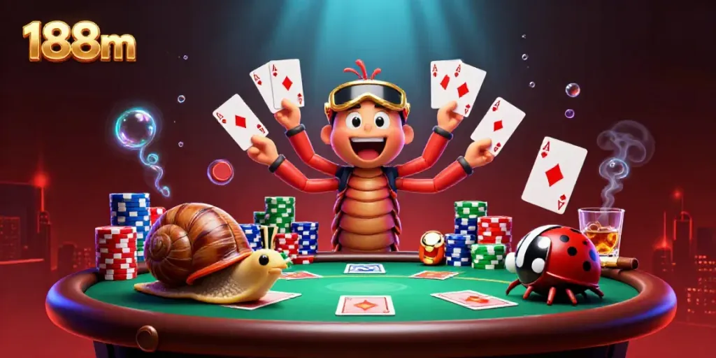 Experience thrilling casino moments with 188m, featuring cartoon characters and vibrant gaming elements.