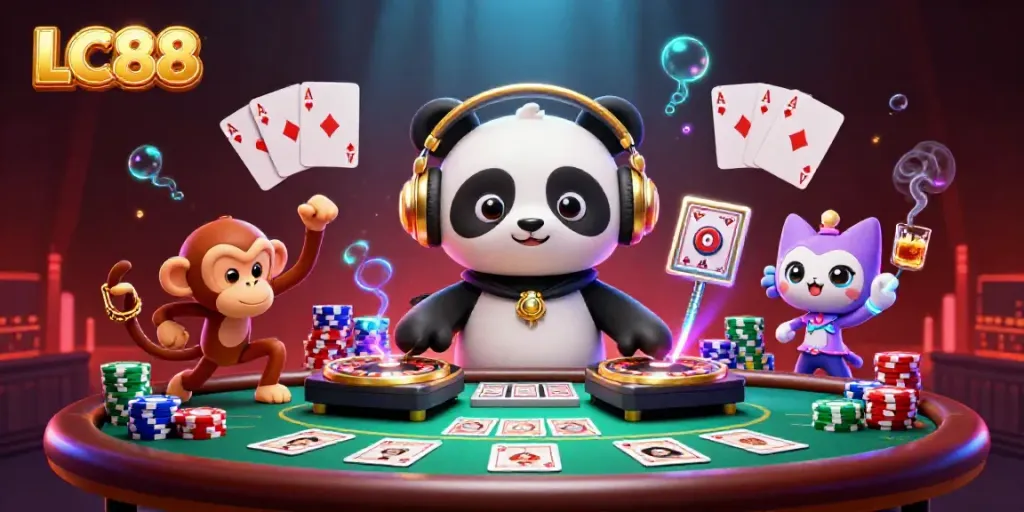 Experience LC88 gaming excitement with a lively DJ panda and dynamic casino elements.