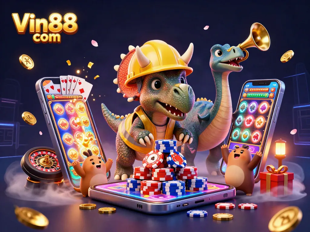 Experience thrilling gameplay with Vin88 com in a lively casino scene featuring dinosaurs!