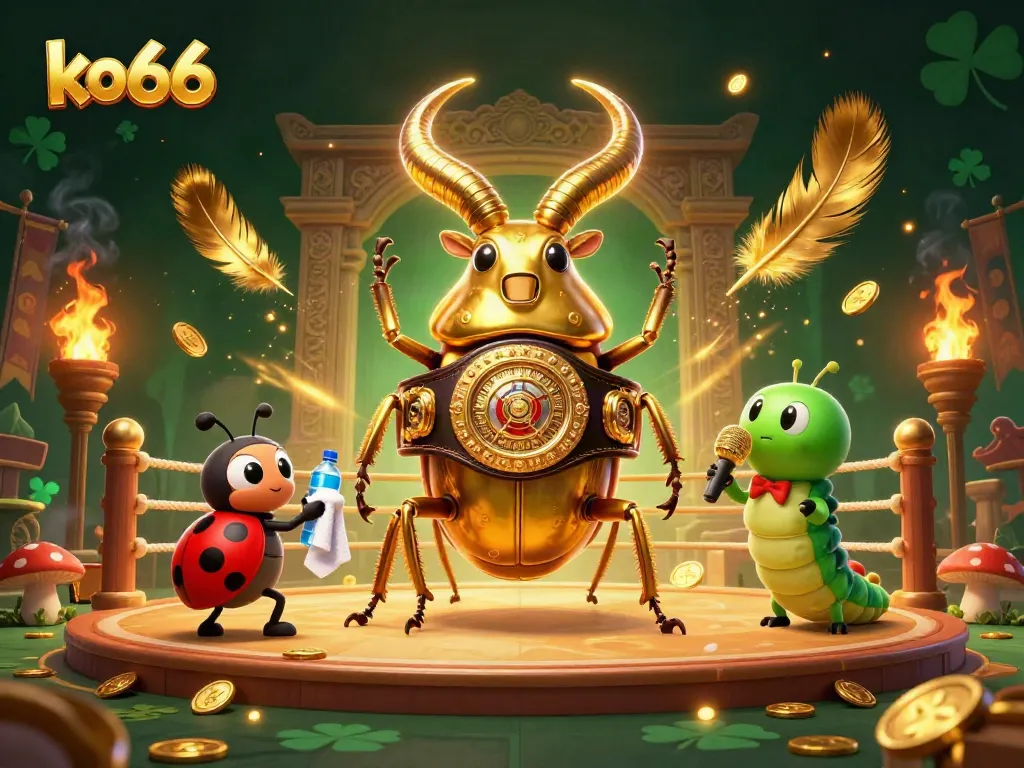 Engage with ko66, a dynamic betting scene featuring a golden stag beetle champion prepared for action.