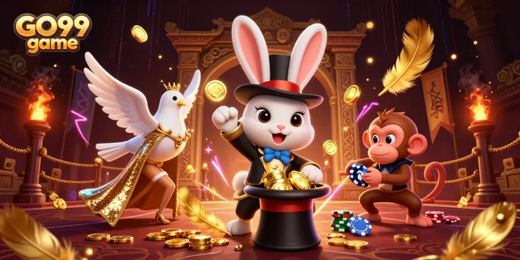Engage with GO99 game featuring a whimsical scene of a magician rabbit and a dove amidst gold coins and vibrant casino elements.