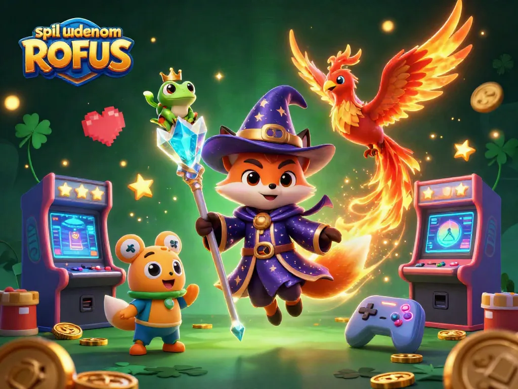 Experience spil uden om ROFUS through a captivating 3D illustration featuring a wizard fox and interactive gaming elements.
