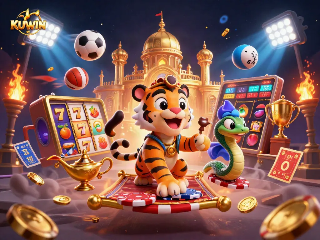 Engage with KUWIN through thrilling jackpot slots and vibrant casino elements in a magical scene.