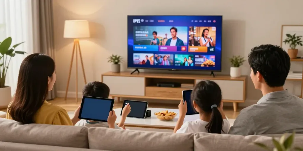 Famille profitant d'un abonnement IPTV 4K dans un salon moderne et chaleureux