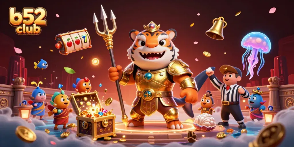B52 club showcases an action-packed underwater casino scene with a tiger shark and treasure